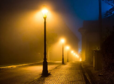 Streetlights at night, illuminate desert road. European streets of London.