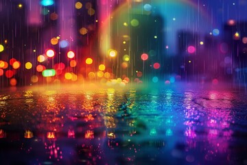 Fototapeta premium A colorful cityscape with raindrops reflecting the lights of the city. Scene is vibrant and lively, with the rain adding a sense of movement and energy to the scene