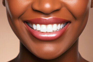 Smile with white beautiful straight teeth of young black woman close-up