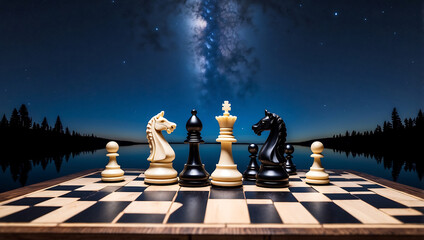 International chess day, chess pieces on a board in front of a starry night sky background