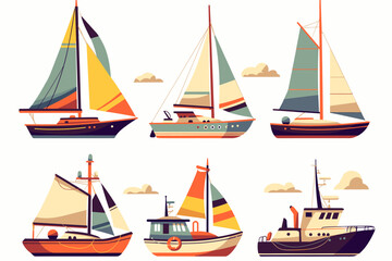 Vector set of Ships and Boats Isolated on White Background. Cartoon Vector Illustration of Different Marine Vessels