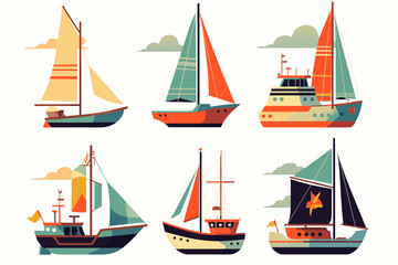Vector set of Ships and Boats Isolated on White Background. Cartoon Vector Illustration of Different Marine Vessels