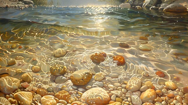 Clear waters of a shallow stream, showcasing a sandy bottom speckled with small, colorful stones. Sunlight pierces through the rippling surface.