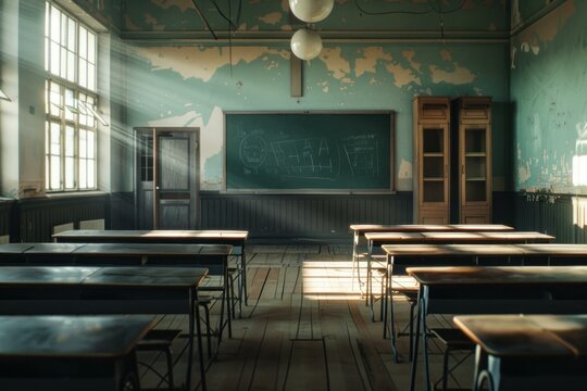 Sunbeams illuminating empty desks in abandoned school classroom