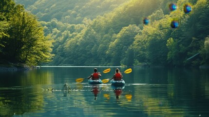 The couple kayaking on lake