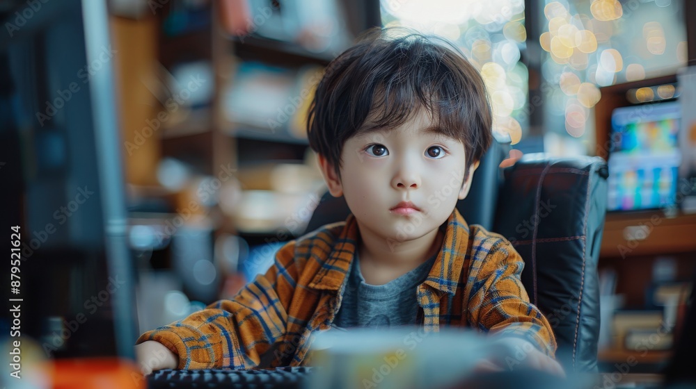 Poster having the southeast asian boy work in a room with blurred background as a coding programmer require