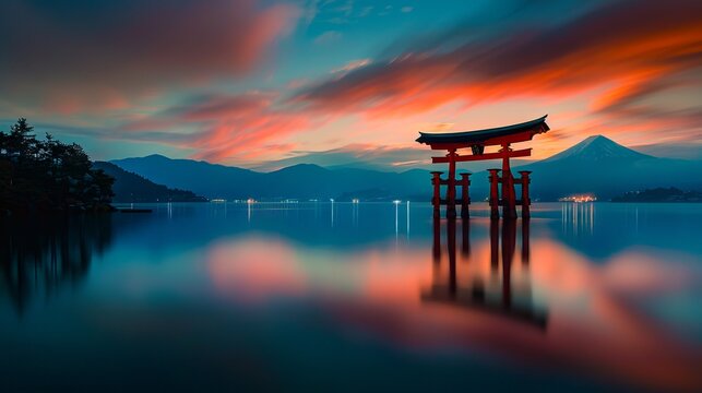A tori tori gate in the middle of a lake.