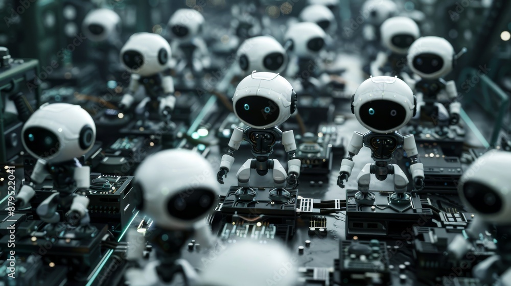 Poster aigt2 - background image of a smart robot within a high-tech manufacturing assembly production line.