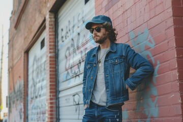 Young man with beard and sunglasses leaning against a graffiti covered brick wall in an urban setting