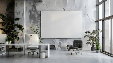 Minimalist design in a contemporary office space, featuring a large, white blank canvas mounted on a white textured wall. Surrounding the canvas are sleek.