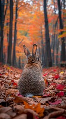 A cute rabbit sits on a forest floor covered with colorful autumn leaves, surrounded by tall trees in their fall foliage in a peaceful woodland setting.