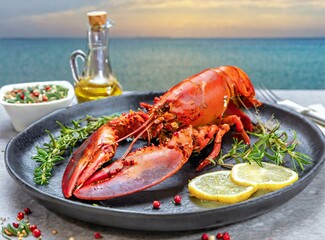 Traditional Lobster Dish served in front of the Mediterranean Sea. Gourmet Seafood.