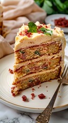 A slice of cake with bacon and basil on a plate.