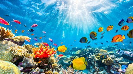 Colorful tropical fish swimming over coral reefs.
