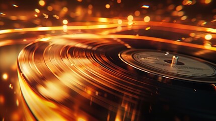 Close-up of a spinning vinyl record with abstract light effects