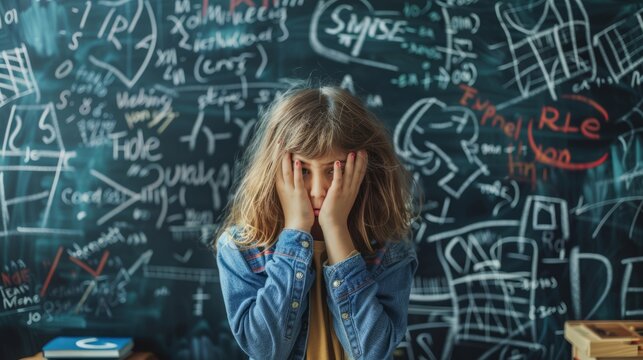 Stressed student in front of chalkboard full of equations - Powered by Adobe