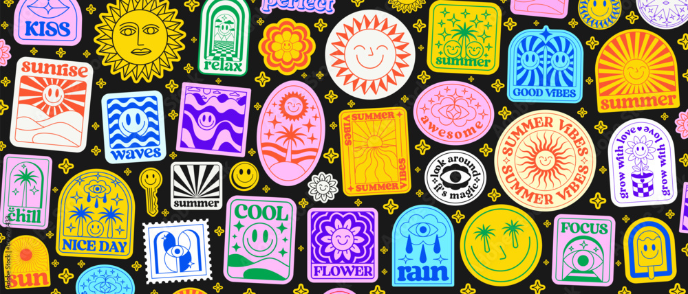 Poster cool summer stickers pop art collage. set of y2k trendy patches. groovy design elements vector illus