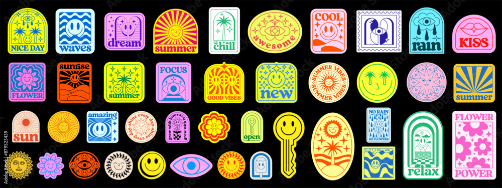 Poster cool summer stickers pop art collage. set of y2k trendy patches. groovy design elements vector illus