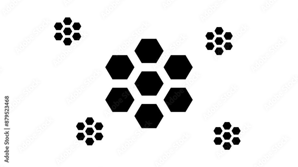 Poster zoom in and out animation the hive symbol. large black symbol in the center and four small symbols a