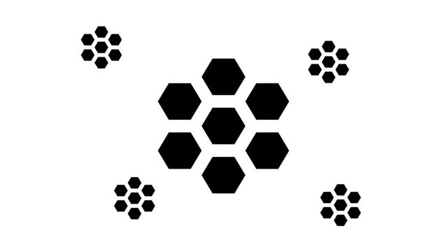 Zoom in and out animation the hive symbol. Large black symbol in the center and four small symbols around. Seamless looped 4k animation on white background
