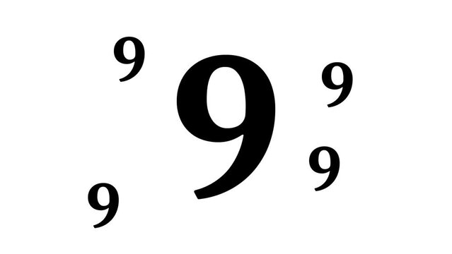 Zoom in and out animation the number nine symbol. Large black symbol in the center and four small symbols around. Seamless looped 4k animation on white background