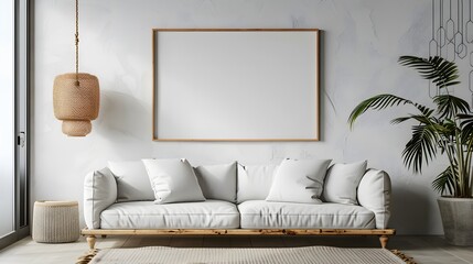 Minimalist living room with a sofa and blank frame mockup against a white wall background in high resolution without blur effects.