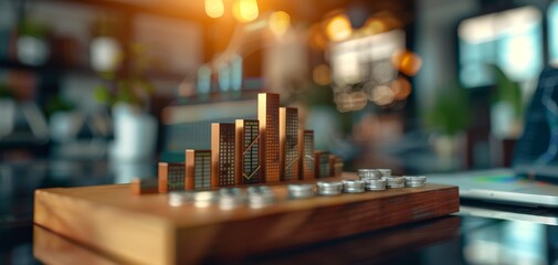 Close-up of a financial growth chart with stacked coins and a wooden bar graph on a desk, illuminated by warm light.
