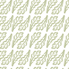 Seamless pattern of arugula lettuce leaves in line art style. Hand drawn botanical illustration design. Healthy eating. Vector illustration on a white background.
