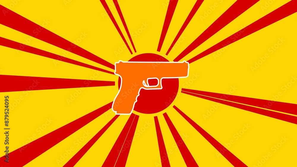 Poster gun symbol on the background of animation from moving rays of the sun. large orange symbol increases