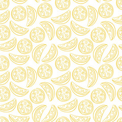 Seamless bright light pattern with lemon in line art style. Design for fabric, label, print , wallpaper. Slices of a lemon. Vector illustration on a white background
