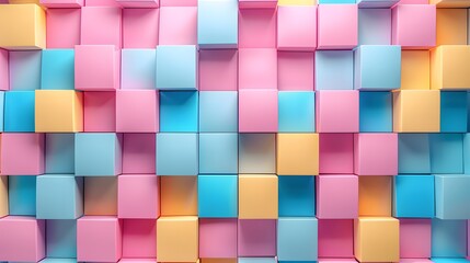 Pink, blue and yellow squares background, 3d rendering of cubes pattern, colorful blocks wall texture backdrop for design.