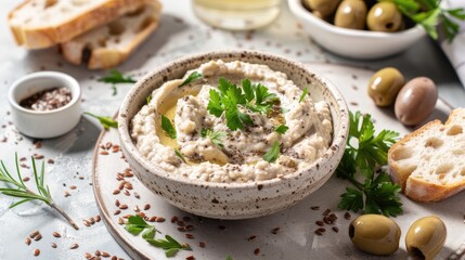 Bowl of delicious baba ghanoush bread olives and flax seeds on neutral surface