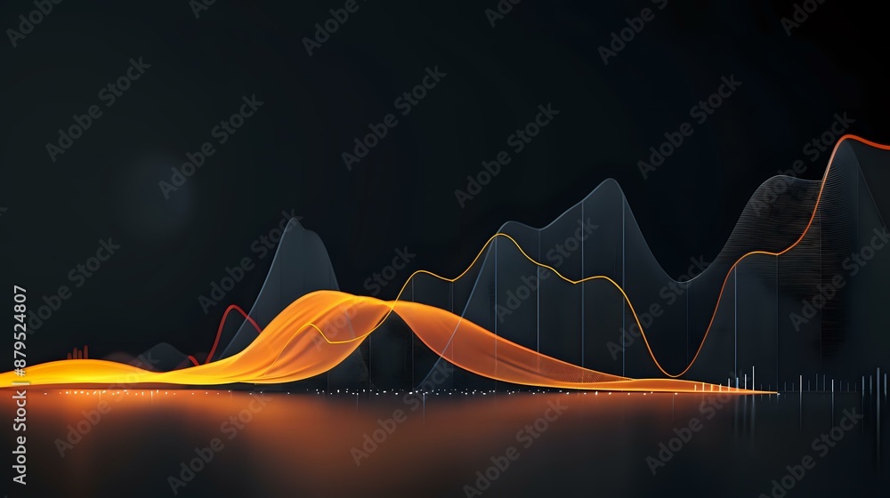 Poster abstract visualization of data waves in orange and gray tones on a dark background, perfect for tech