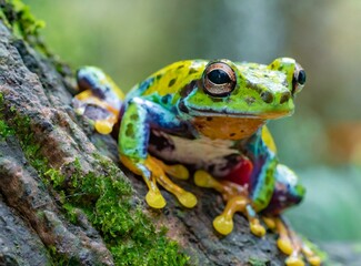Green Toxic Frog on a trunk in the Rainforest. Macro photography of fauna.