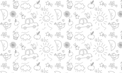Children school, kindergarten vector doodle set. Cute daycare hand drawn flower, toy, animal elements. Childish cute preschool activity, education doodle background. Vector illustration