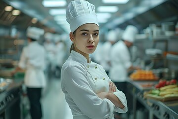 Confident young chef stands in a professional kitchen, surrounded by a bustling team of culinary experts. Perfect for concepts related to teamwork, culinary arts, and professional cooking.
