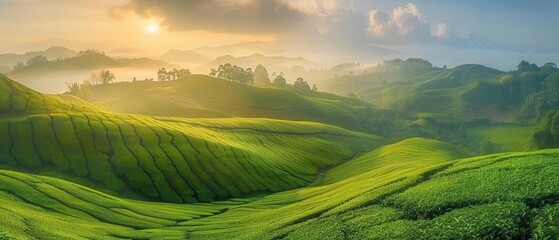 Green tea fields at sunrise, misty hills in the distance, natural beauty, warm hues, detailed landscape,