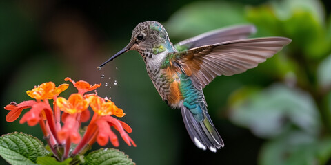 Obraz premium A hummingbird in mid-flight, wings blurred from speed, hovering near a bright red flower, with droplets of nectar visible on its beak