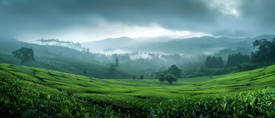 Obraz premium Early morning sun illuminating vibrant green tea fields, rolling hills and trees in the distance, soft light creating a serene atmosphere, wide-angle shot for full landscape