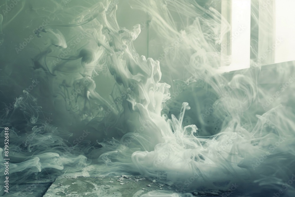 Poster white ink is spreading in water creating abstract shapes in an abandoned room