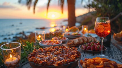 A beautifully set table on a beach during sunset, with a variety of foods like pastries, fruits, and cocktails, creating a perfect setting for a gathering by the sea.