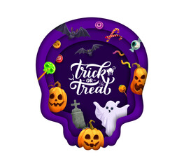 Halloween paper cut skull shape with pumpkins, ghost and holiday sweets. Vector holiday trick or treat background with cartoon desserts, jack lanterns and bats. 3d papercut frame in shape of cranium