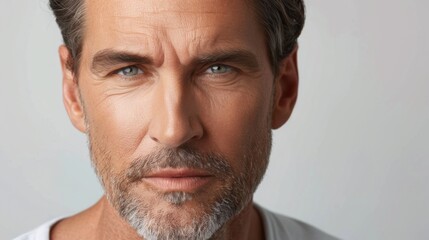 Fototapeta premium A man with grey hair and a beard looks directly at the camera. His eyes are focused and his expression is serious.