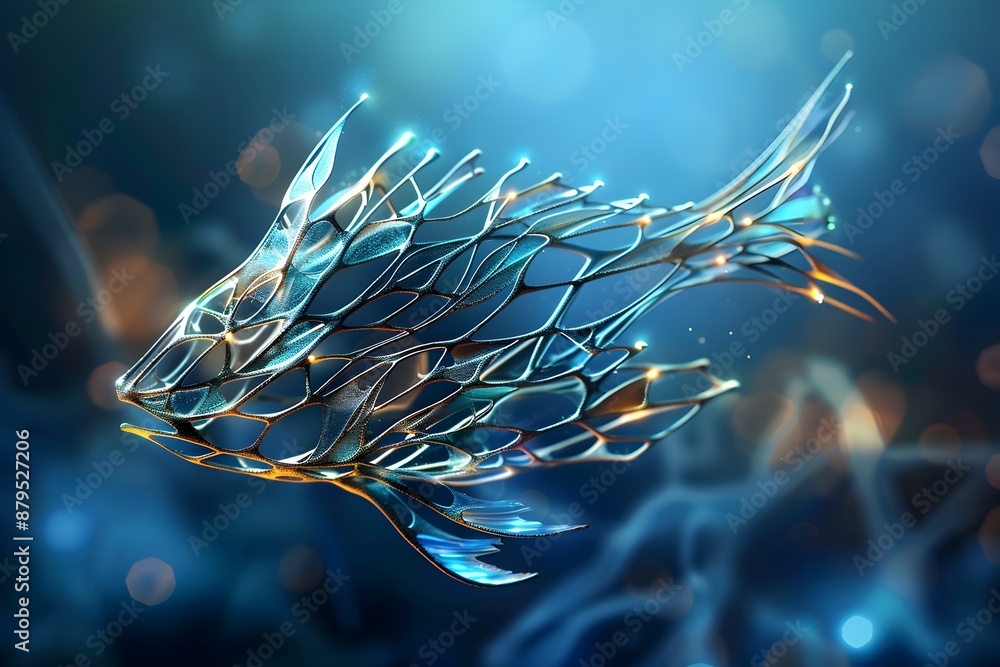 Poster intricate neural patterns of a mackerel-shaped midbrain with textured scales in a vibrant underwater