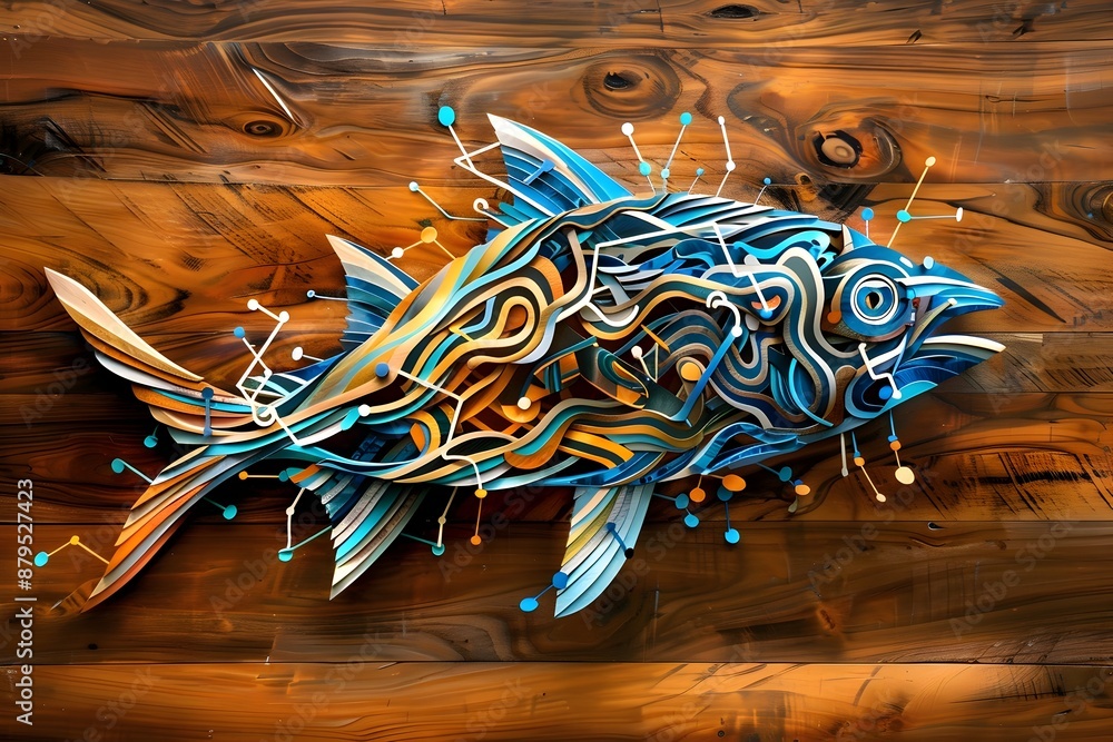 Poster intricately patterned mackerel-shaped midbrain: a digital artwork symbolizing neural connections and