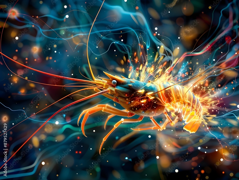 Poster blending lobster antennae into neural network structures:an abstract interplay of marine life and te