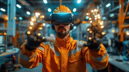 A worker wearing a VR headset in a high-tech industrial setting, showcasing the integration of virtual reality technology into modern manufacturing and engineering processes.