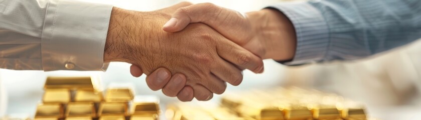Fototapeta premium Businessman and Client Shaking Hands Over Desk with Gold Bars and Stock Report