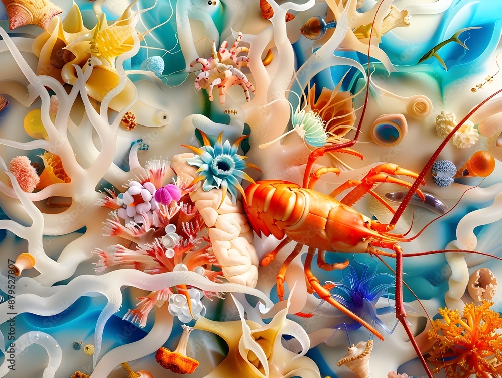 Poster lobster claws merging with neural structures - symbolic interconnectedness of marine and neural life