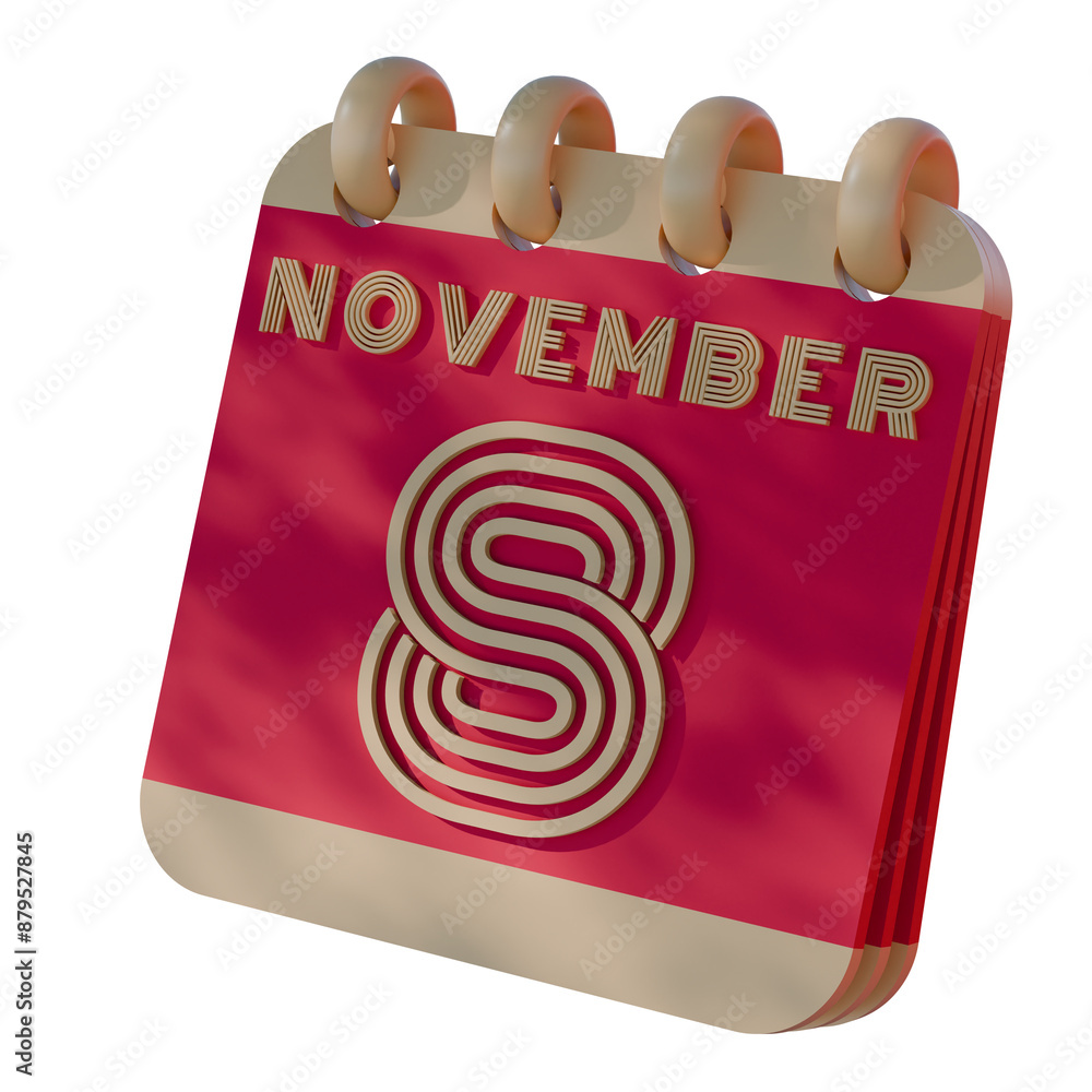 Poster 3d calendar icon showing november 8 with retro design..